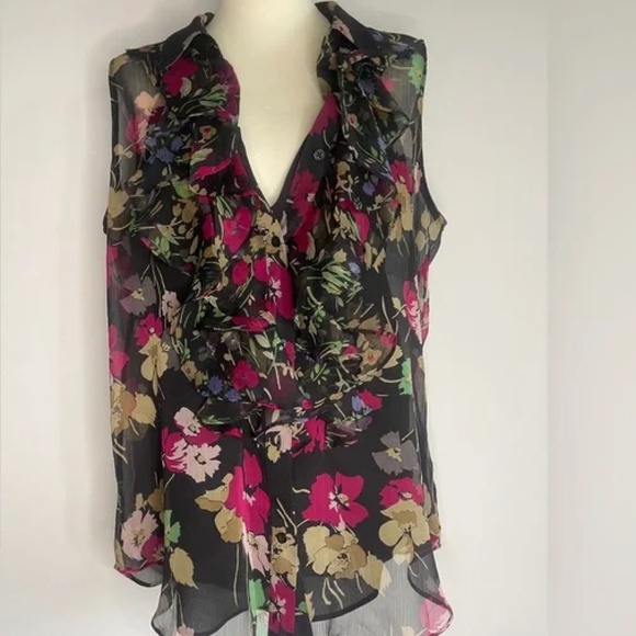 Stunning Ralph Lauren Sleeveless Ruffle Floral Chiffon Blouse I  Sz 6 - Picture 3 of 8
